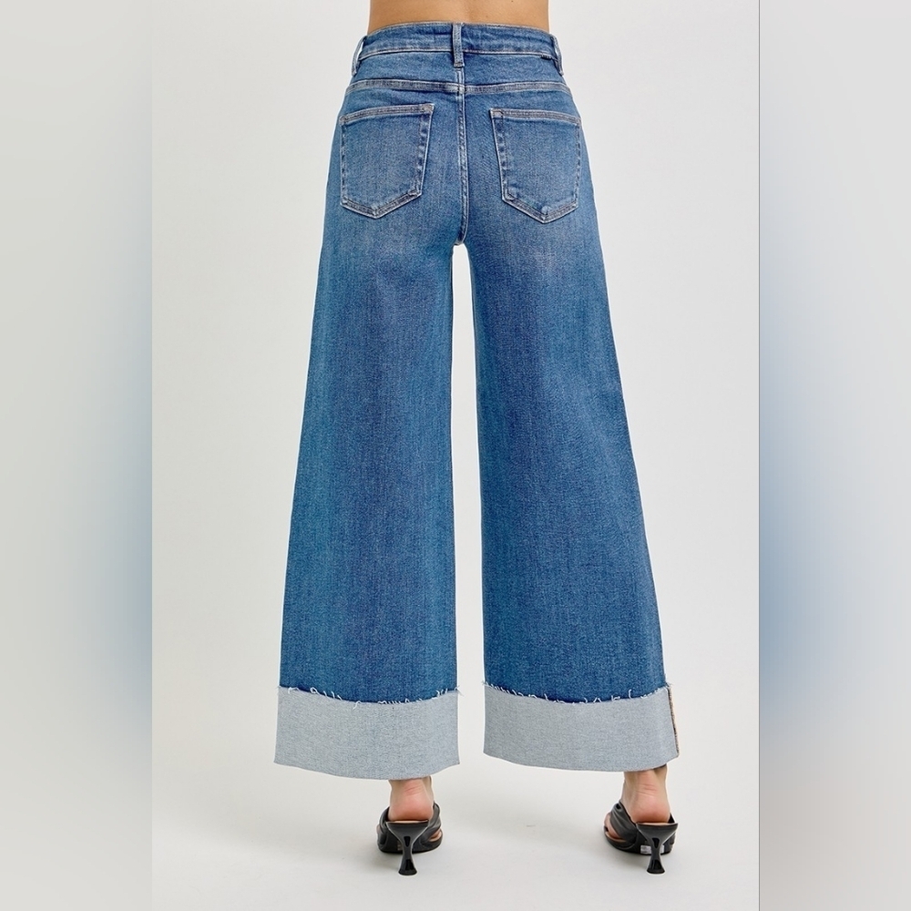 Risen HR Tummy Control Medium Wash Wide Leg Cuffed Denim Jeans Various NEW - Picture 7 of 7